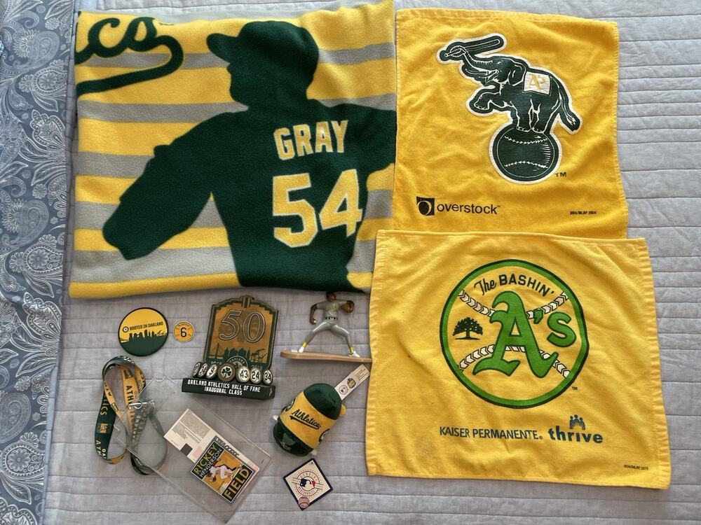 Oakland Athletics Vintage Memorabilia Lot — 9 Pieces — HOF Pins, Towels, Blanket